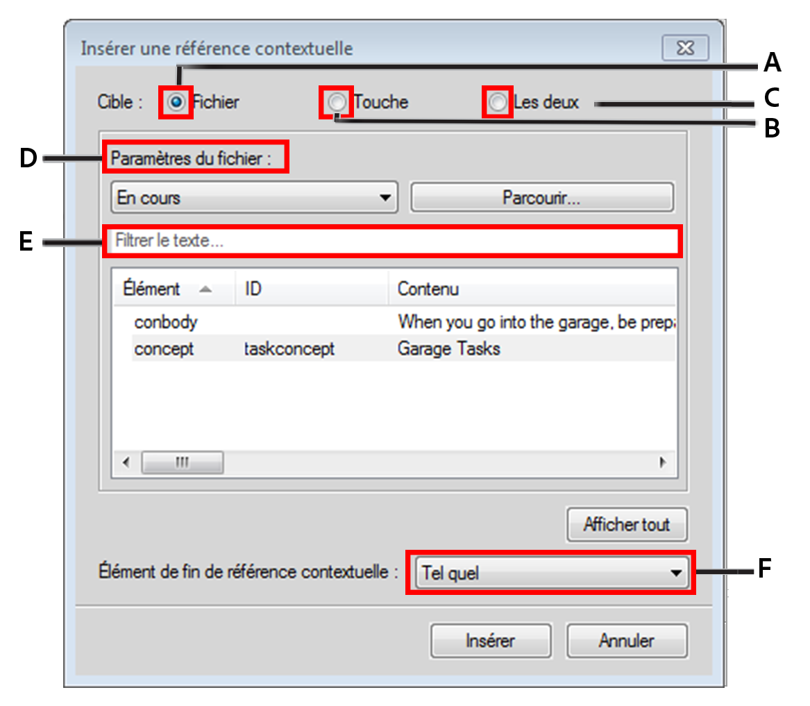 Ajout de références contextuelles (conref) directes et indirectes au contenu DITA à l’aide de la boîte de dialogue Référence contextuelle DITA