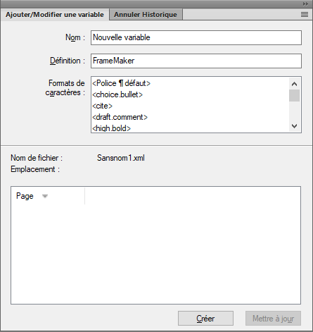 Boîte de dialogue Ajouter/Modifier une variable dans FrameMaker