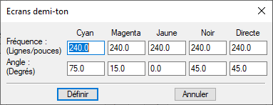 La capture d’écran montre la boîte de dialogue « Ecrans demi-ton » dans Adobe FrameMaker.