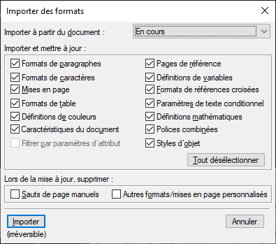 Boîte de dialogue Importer des formats dans Adobe FrameMaker avec la seule option Formats de références croisées sélectionnée