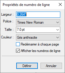 Boîte de dialogue Caractéristiques de numérotation des lignes dans FrameMaker