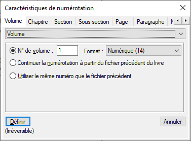 Boîte de dialogue Caractéristiques de numérotation dans Adobe FrameMaker