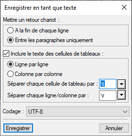 boîte de dialogue FrameMaker Enregistrer en tant que texte