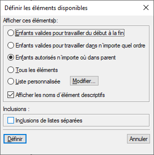 Boîte de dialogue Définir les éléments disponibles