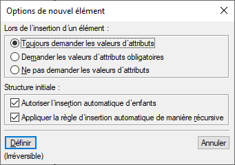 Boîte de dialogue Options de nouvel élément dans Adobe FrameMaker.
