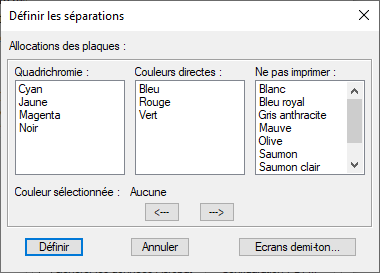 La capture d’écran montre la boîte de dialogue « Définir les séparations » dans Adobe FrameMaker.