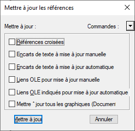 Boîte de dialogue Mettre à jour les références dans Adobe FrameMaker