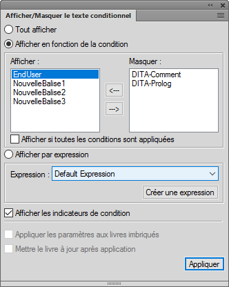 Boîte de dialogue Afficher/Masquer le texte conditionnel dans FrameMaker