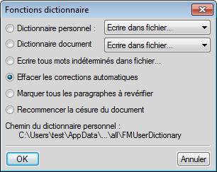 Boîte de dialogue Fonctions Dictionnaire dans FrameMaker