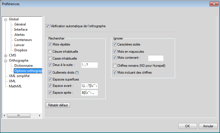 Modification des options de vérification orthographique dans la boîte de dialogue Préférences