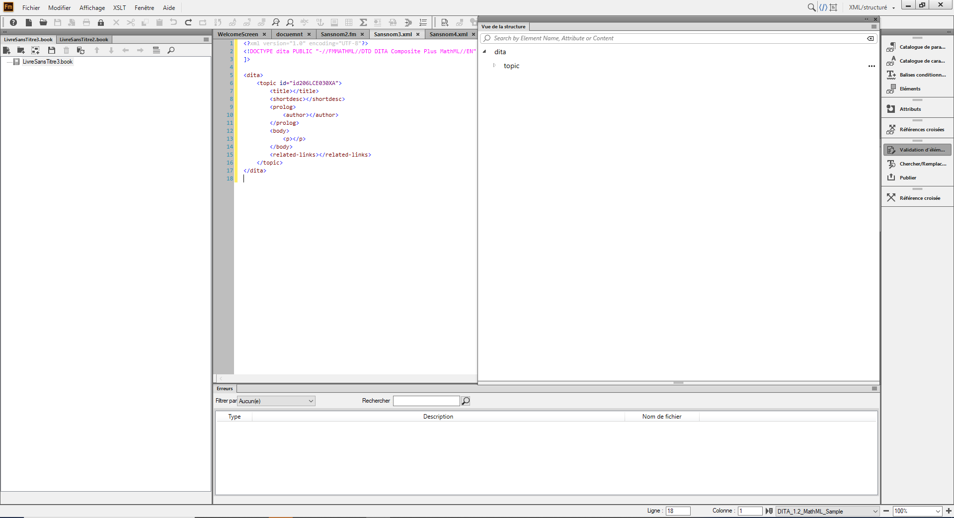 Vue XML dans l’interface de création FrameMaker structurée