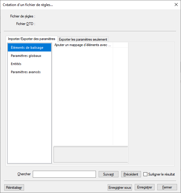 Utilisation de la fenêtre Création d’un fichier de règles de lecture/écriture dans FrameMaker