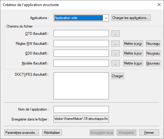 Utilisation de la fenêtre Configuration d’applications structurées dans FrameMaker