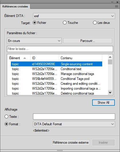 Boîte de dialogue des références croisées dans FrameMaker