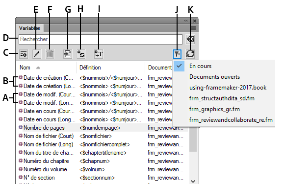 Panneau Variables dans FrameMaker
