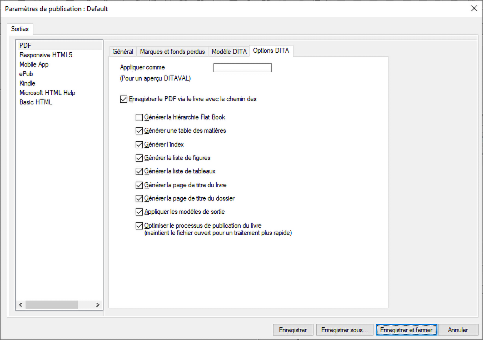 Onglet Options DITA de la boîte de dialogue Options de sortie PDF