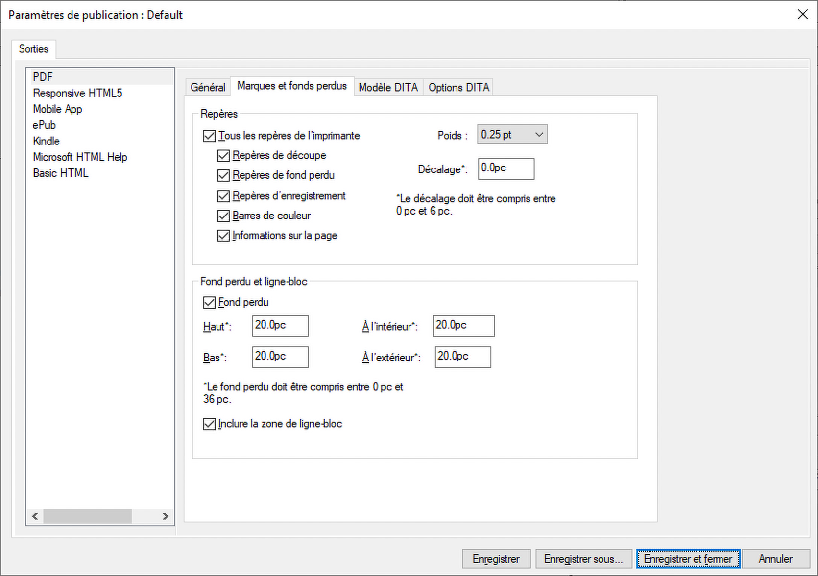 Onglet Repères et fond perdu de la boîte de dialogue Options de sortie PDF