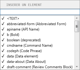 Boîte de dialogue du catalogue dynamique « Insérer un élément » dans FrameMaker