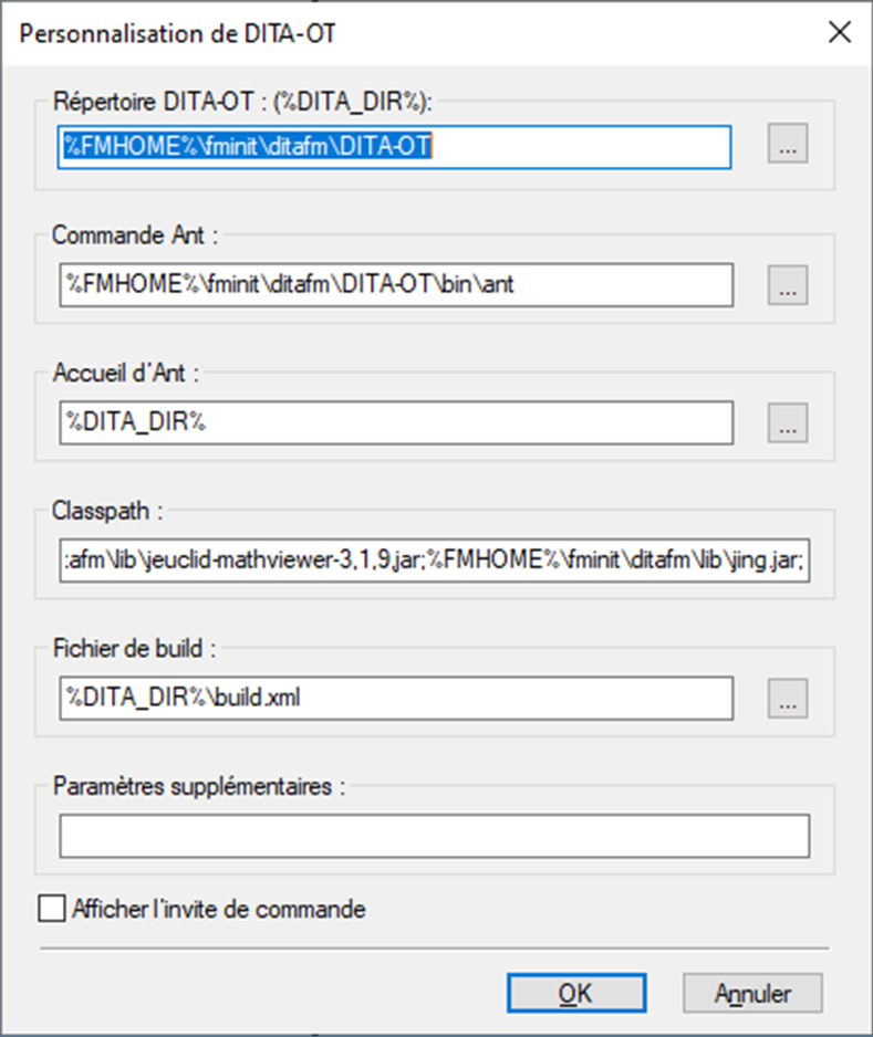 Boîte de dialogue Personnalisation de DITA-OT dans FrameMaker