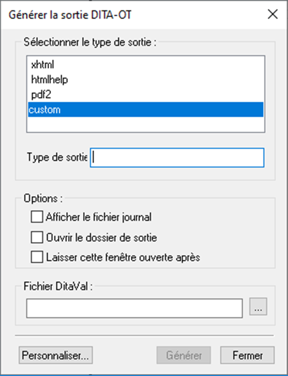 Boîte de dialogue Générer la sortie DITA-OT dans FrameMaker