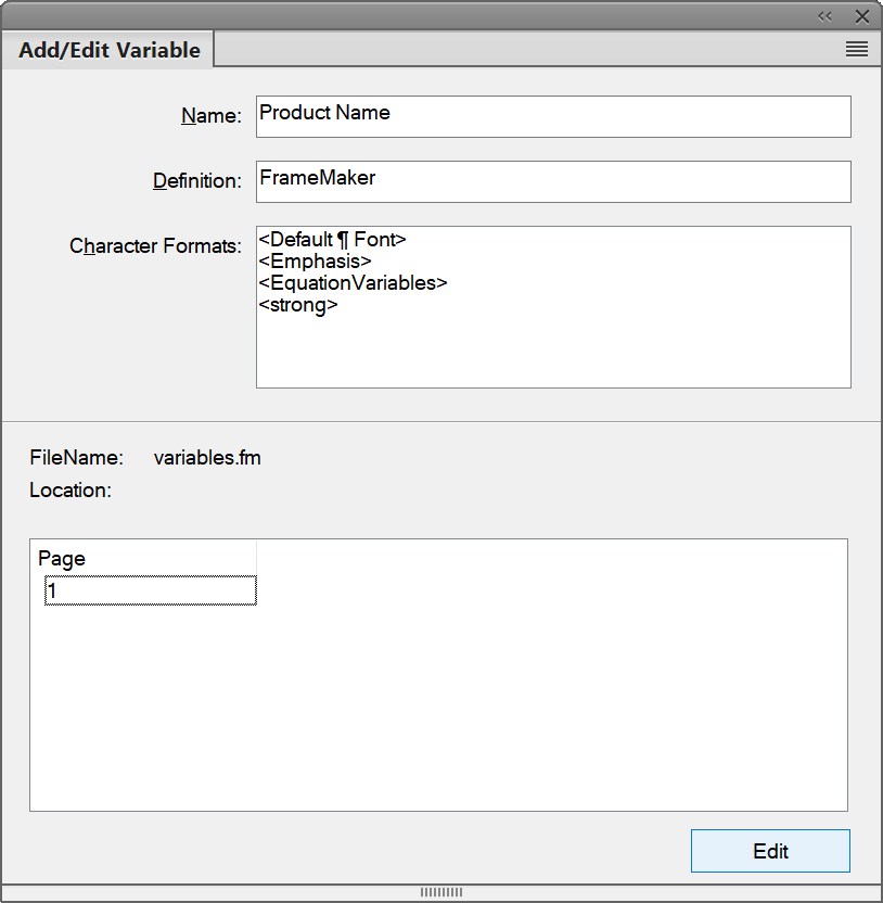 Boîte de dialogue de modificatin des variables dans FrameMaker