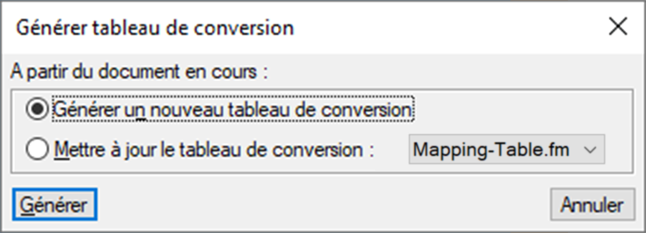 Boîte de dialogue Générer tableau de conversion