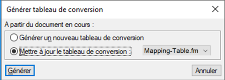Boîte de dialogue Générer tableau de conversion