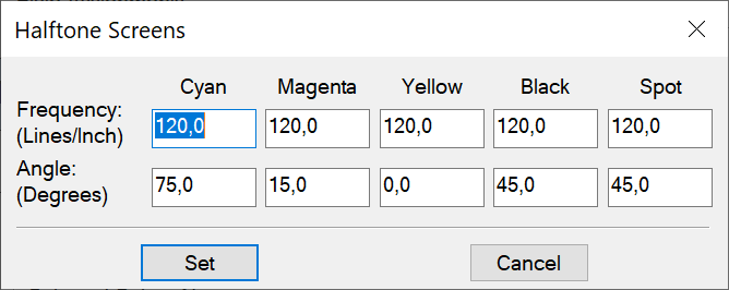 La capture d’écran montre la boîte de dialogue « Ecrans demi-ton » dans Adobe FrameMaker.