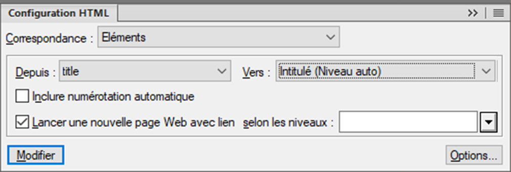 Boîte de dialogue Configuration HTML de FrameMaker