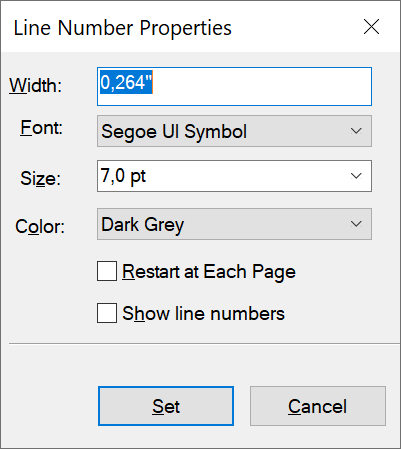 Boîte de dialogue Propriétés de numéros de ligne dans FrameMaker