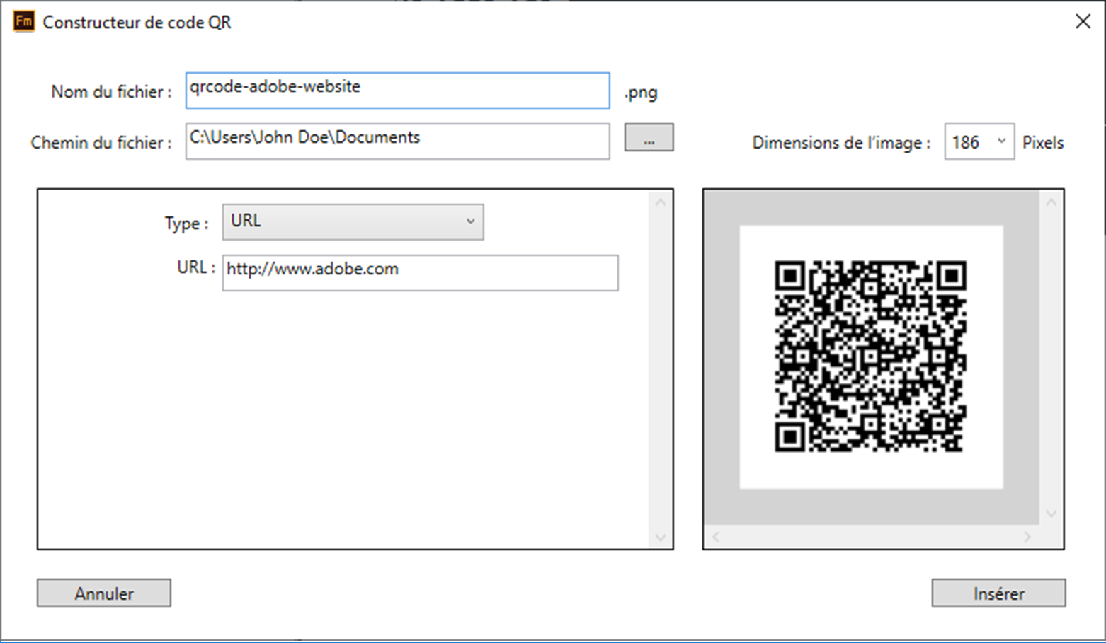 Constructeur de code QR dans Adobe FrameMaker