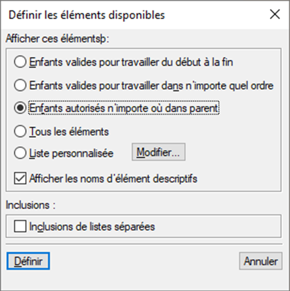 Boîte de dialogue Définir les éléments disponibles