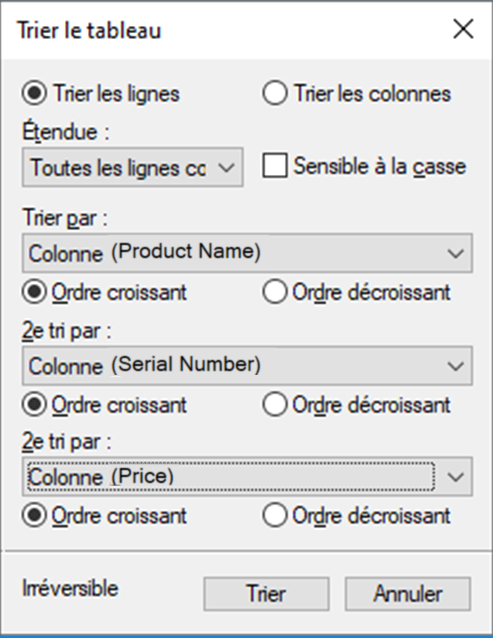 Boîte de dialogue Trier le tableau dans Adobe FrameMaker