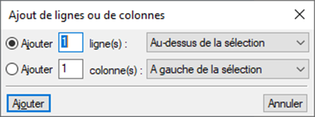 Boîte de dialogue Ajouter lignes ou colonnes
