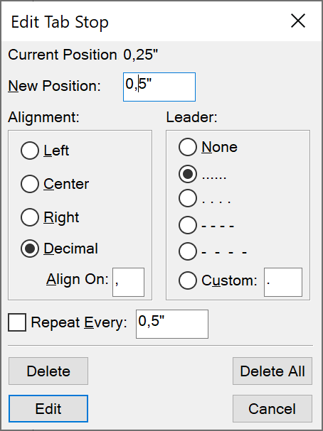 Boîte de dialogue Modifier les tabulations