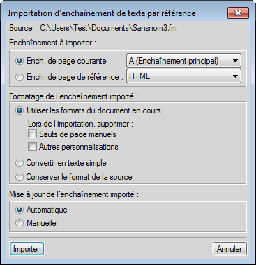 Boîte de dialogue Importation d’un enchaînement de texte par référence dans FrameMaker