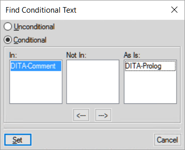 Boîte de dialogue Rechercher du texte conditionnel dans FrameMaker