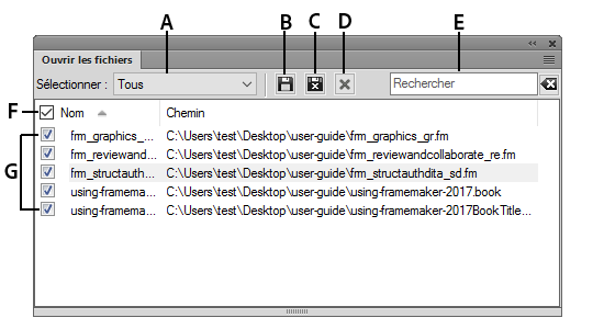 Panneau Fichiers ouverts dans FrameMaker