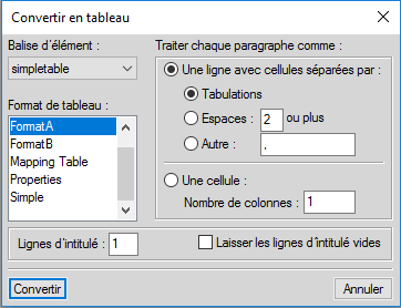 Conversion du texte importé en tableau à l’aide de la boîte de dialogue Convertir en tableau