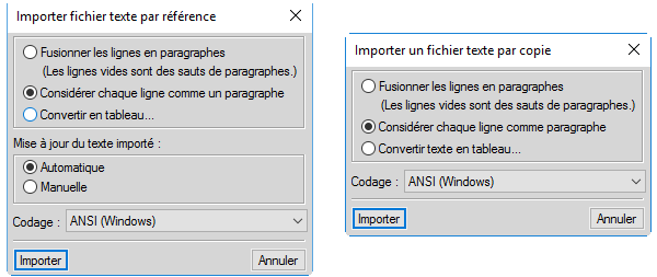 Boîtes de dialogue Importer fichier texte par référence et Importer un fichier texte par copie