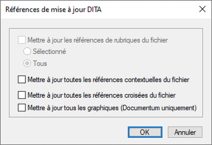 Mise à jour de références DITA à l’aide de la boîte de dialogue Références de mise à jour DITA