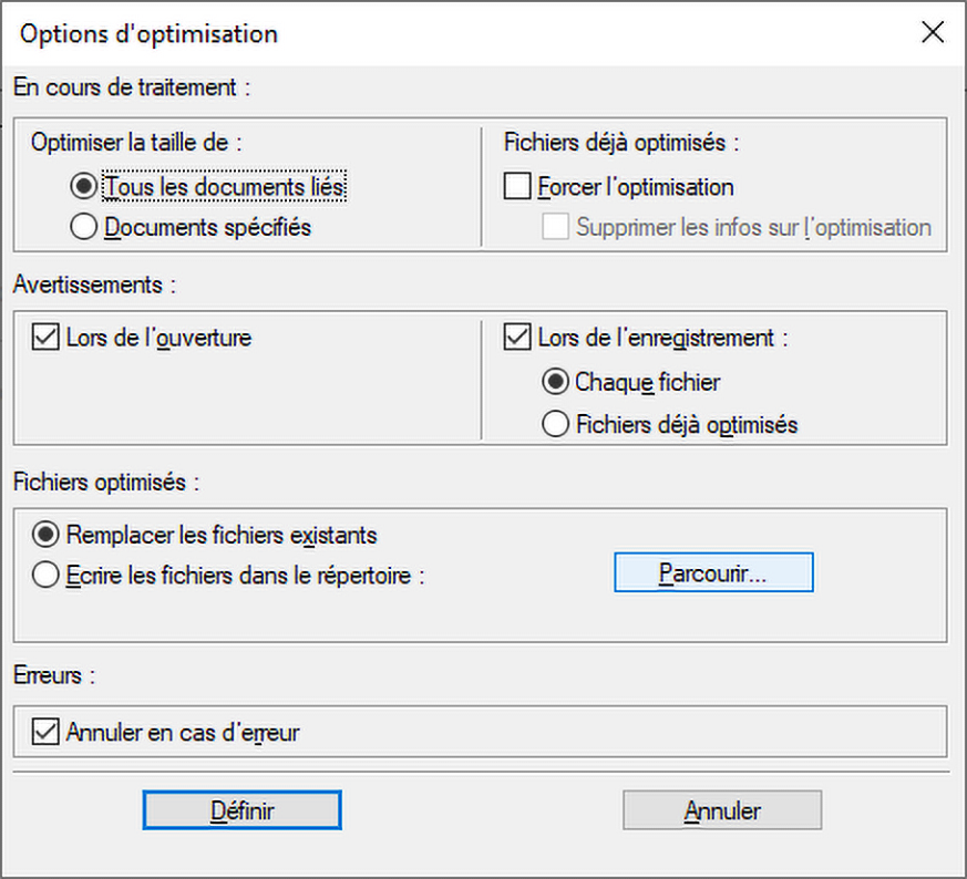 Boîte de dialogue Options d’optimisation dans FrameMaker