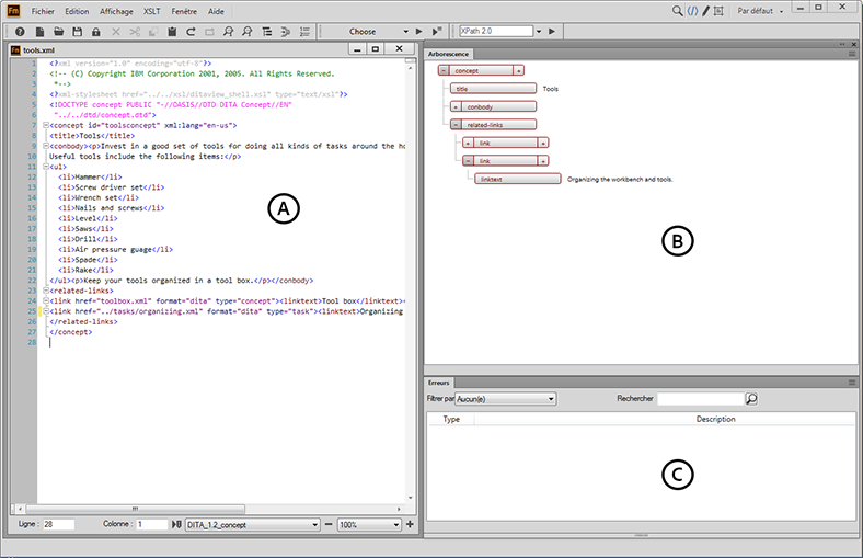 Vue XML dans l’interface de création FrameMaker structurée