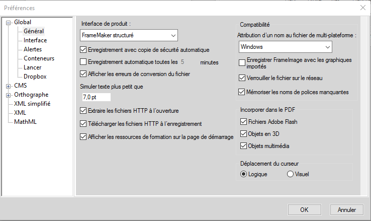 Boîte de dialogue Préférences FrameMaker