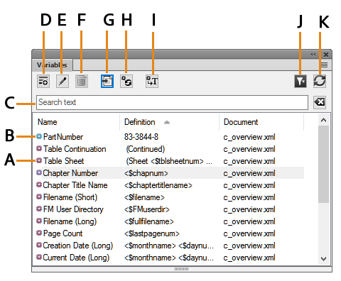 Panneau Variables dans FrameMaker