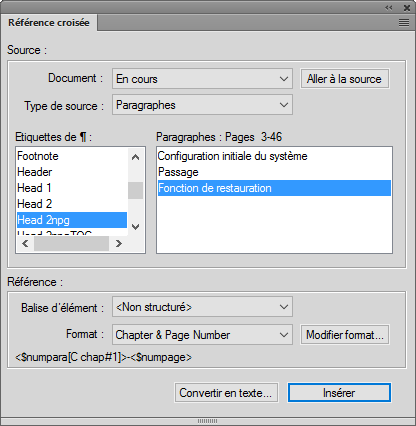 Insertion de références croisées avec la boîte de dialogue Références croisées