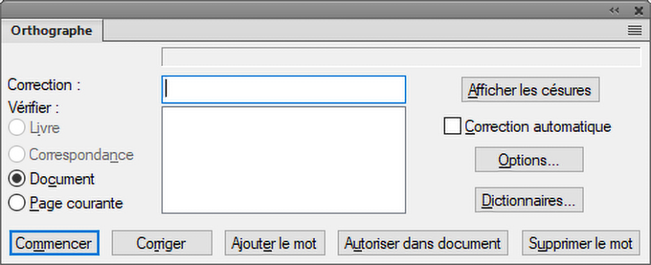 Boîte de dialogue Vérificateur d’orthographe dans FrameMaker