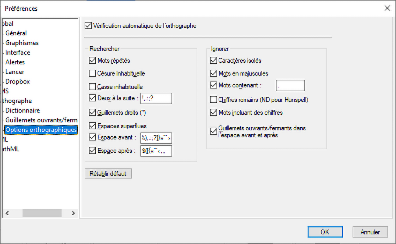 Modification des options de vérification orthographique dans la boîte de dialogue Préférences