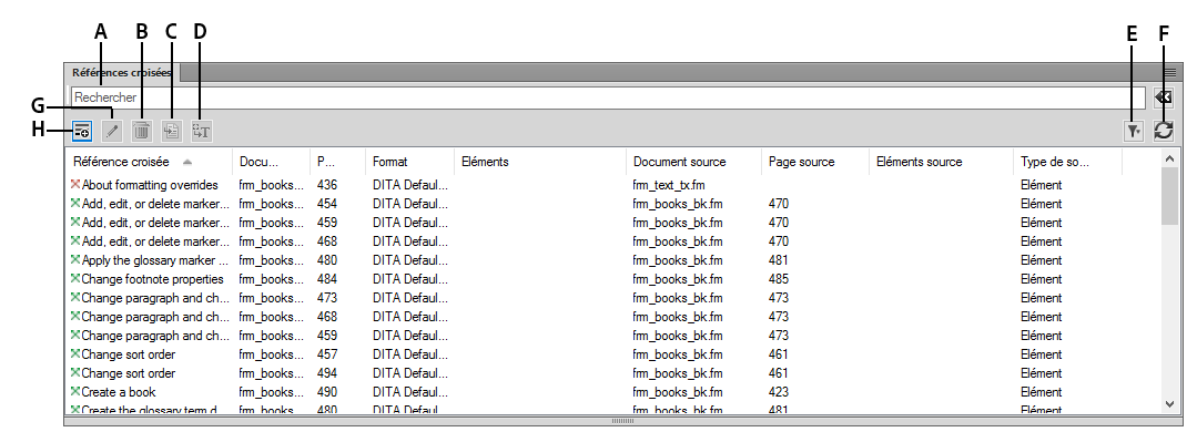 Panneau Références croisées dans FrameMaker
