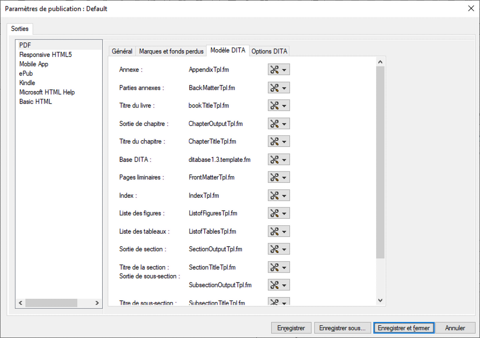 Onglet Modèle DITA de la boîte de dialogue Options de sortie PDF d'Adobe FrameMaker